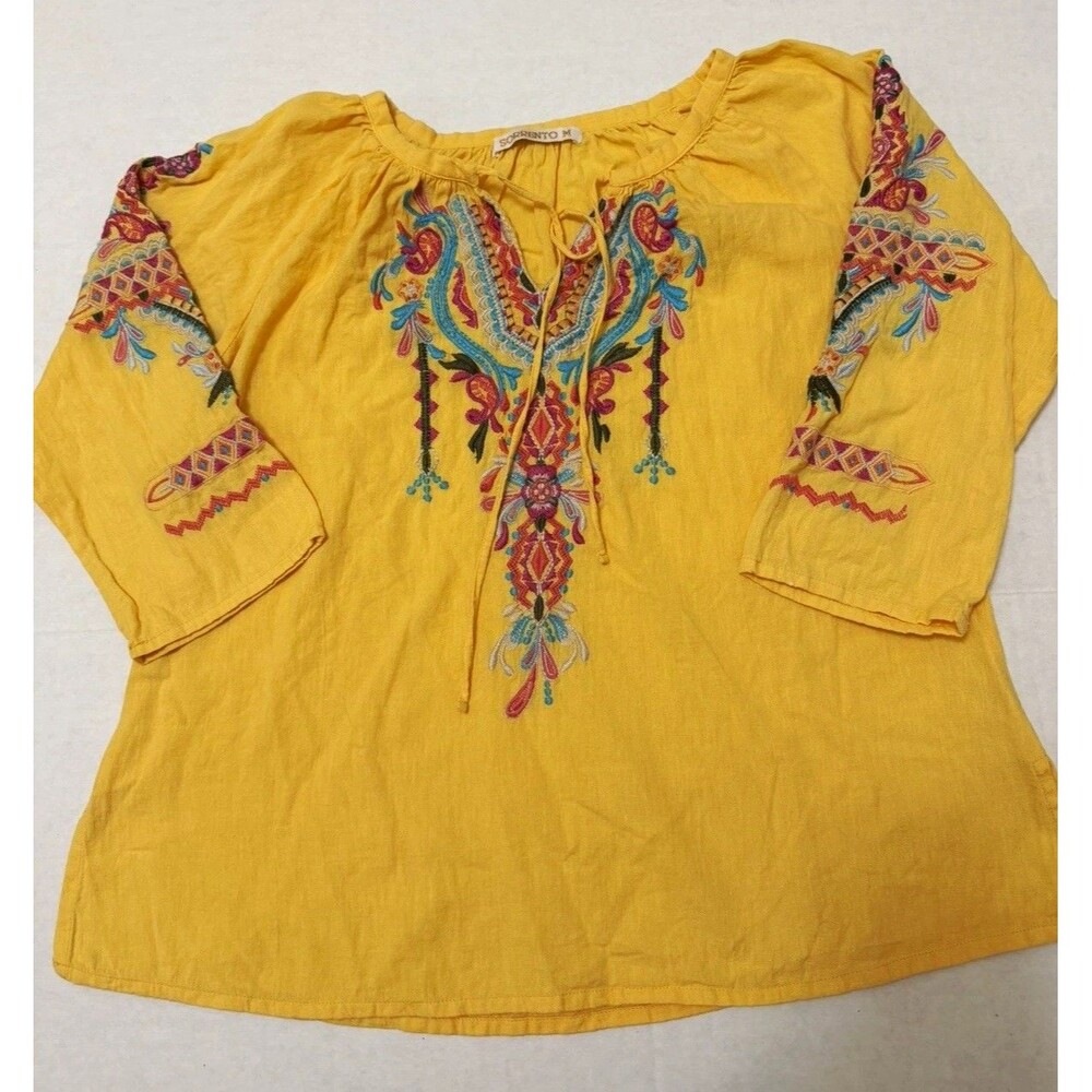 Sorrento Women’s Embroidered Boho Peasant Blouse 3/4 Sleeve M Yellow Hippie